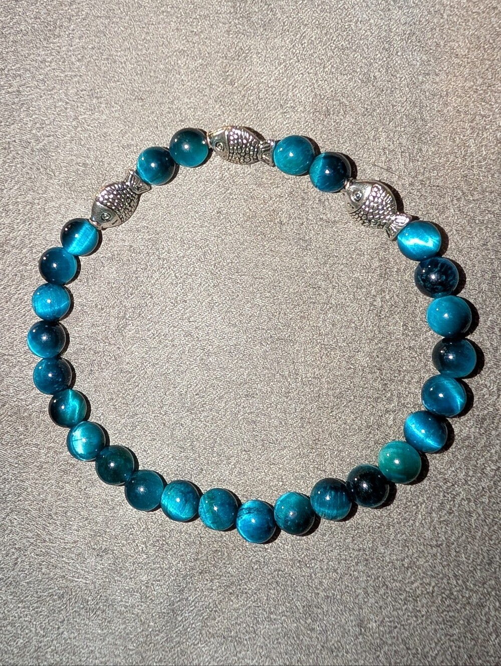 Teal Tigers Eye with Fish Accents Stretch Bracelet
